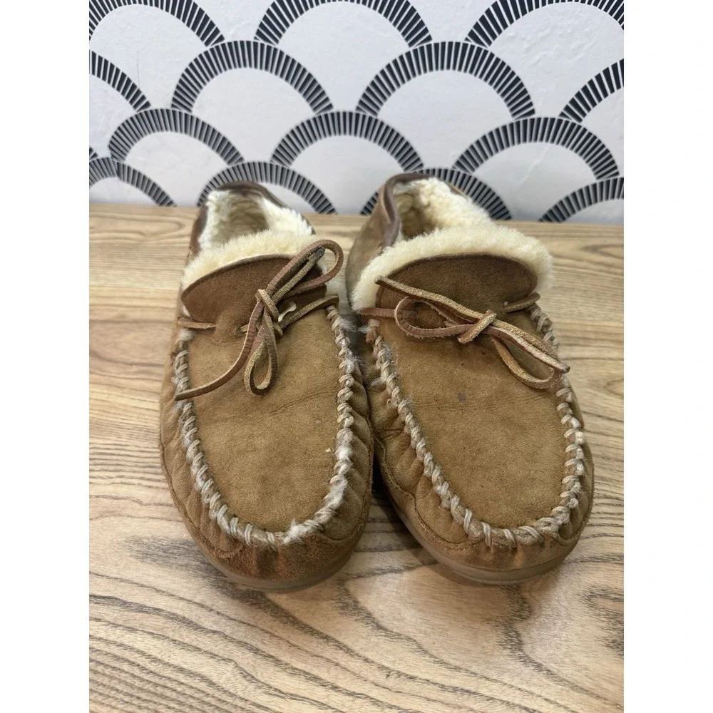 LL Bean Slippers Mens 11 Wicked Good Sheepskin Moccasin Suede Leather Tie 264593